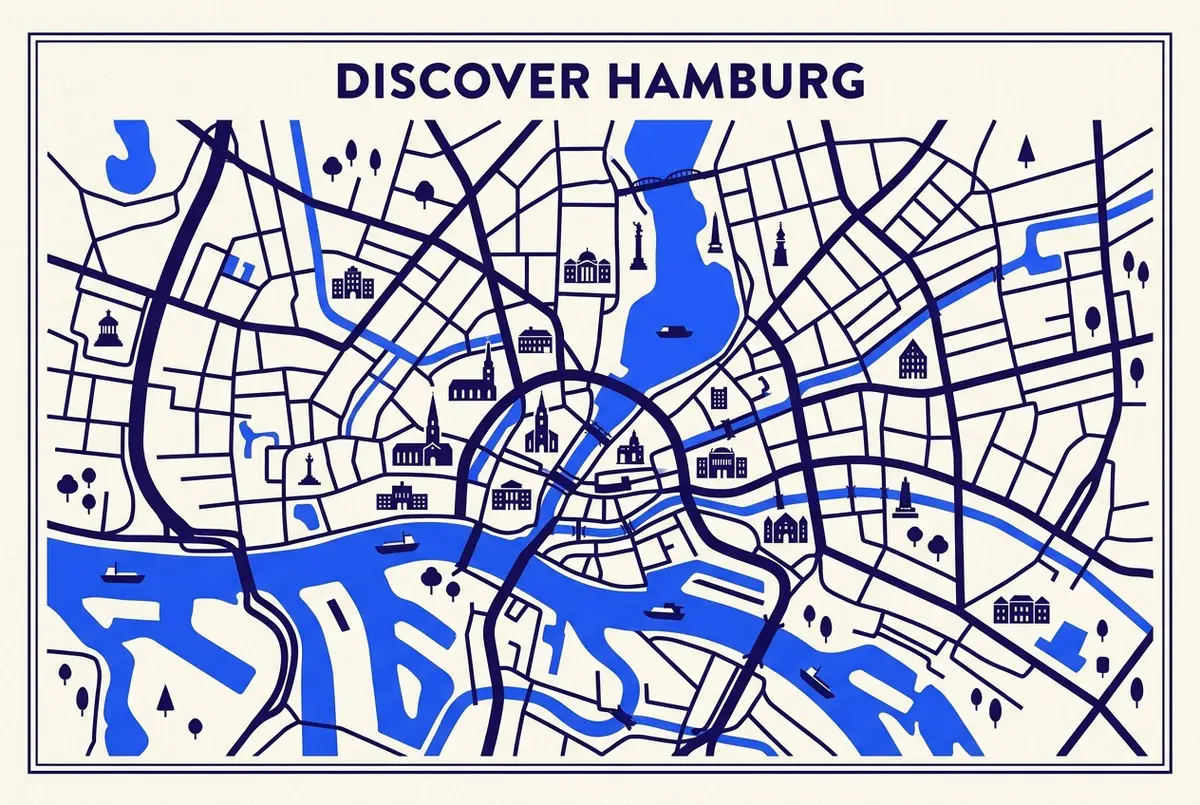 Simple labeled map infographic showing the River Elbe, the Alster lake and the Fleete canal network running through central Hamburg, no prices or times shown