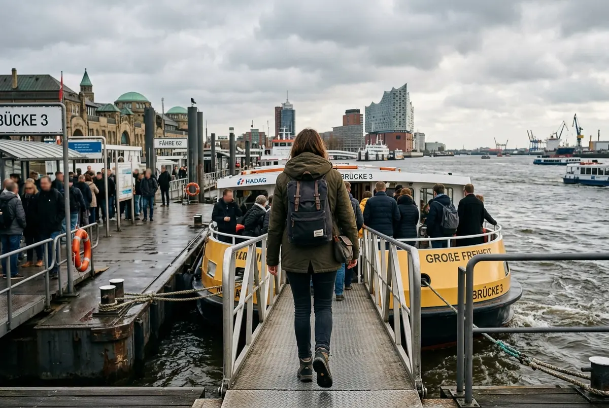 Traveler boarding a Hamburg ferry at a HADAG pier on the Elbe river at Landungsbrücken, overcast afternoon light, candid dockside mood