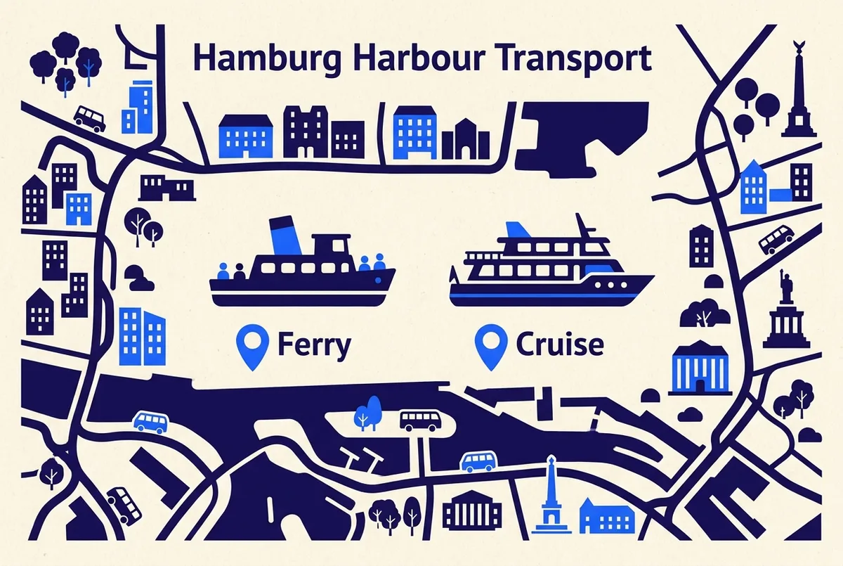 Simple infographic comparing a Hamburg public ferry icon and a tourist harbour cruise boat icon side by side, two labeled dock pin markers reading Ferry and Cruise, no prices or schedules shown