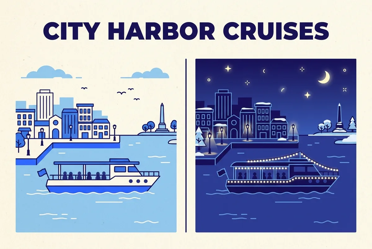 Simple seasonal comparison infographic showing a summer open-deck harbor cruise scene beside a winter illuminated evening cruise scene, generic icons only, no temperatures or dates shown