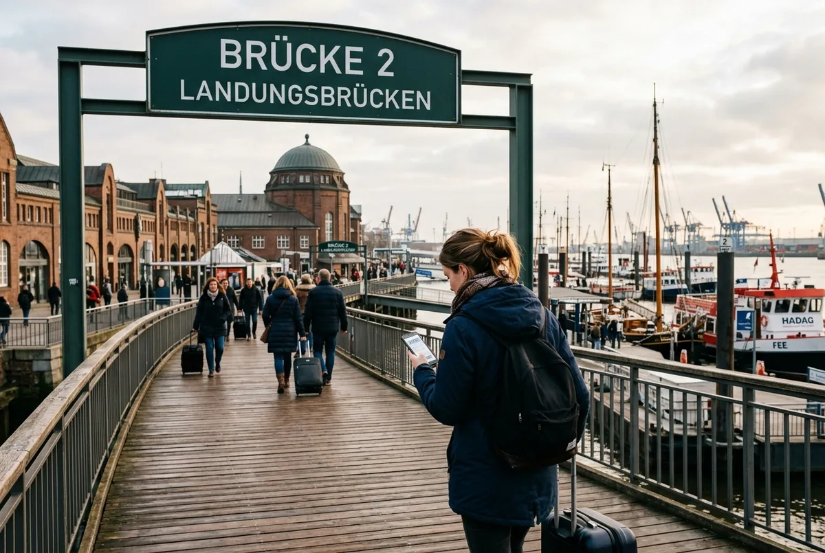 Rejsende tjekker ind til en havnerundfart i Hamborg ved den korrekte adresse, en nummereret bro ved Landungsbrücken, morgenlys, traditionelle barkasser i baggrunden