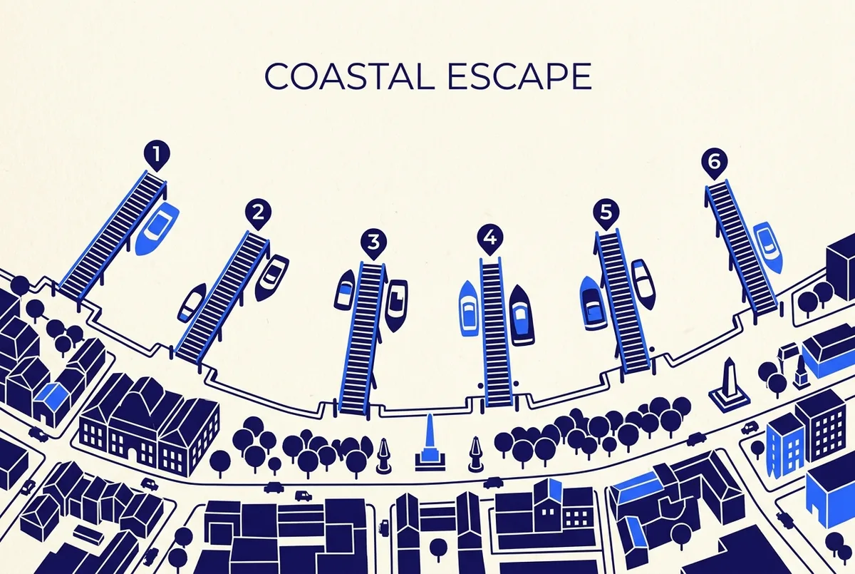 Simple map style graphic of numbered pier bridges along a generic waterfront promenade, boat icons at a few bridges, no text labels, daylight, clean infographic style