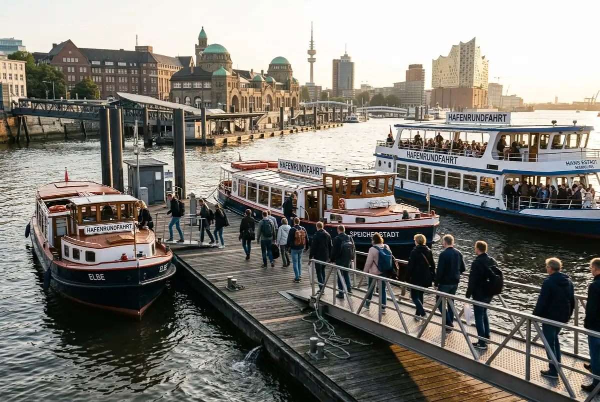 Drei Hamburg Hafenrundfahrt-Boote unterschiedlicher Größe nebeneinander an den Landungsbrücken, Passagiere beim Einstieg, Morgenlicht