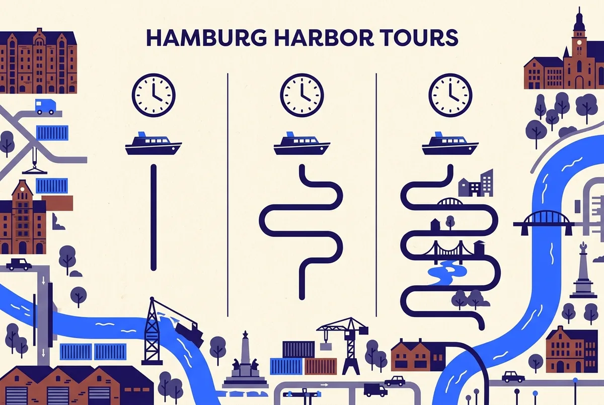 Einfache Zeitleisten-Infografik, die drei Hamburg Hafenrundfahrt-Längen nebeneinander zeigt, 1 Stunde, 1,5 Stunden und 2 Stunden, mit generischen Boot- und Uhr-Symbolen, ohne Preise oder Zahlen