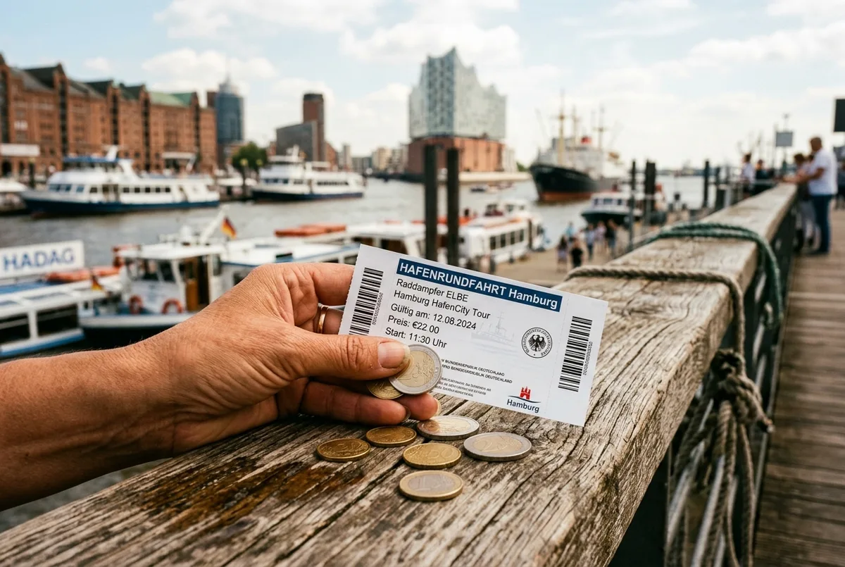 Närbild av en hand som håller en hamnrundtur Hamburg-biljett och euromynt på ett träräcke vid bryggan, mjukt dagsljus, prisjämförelse