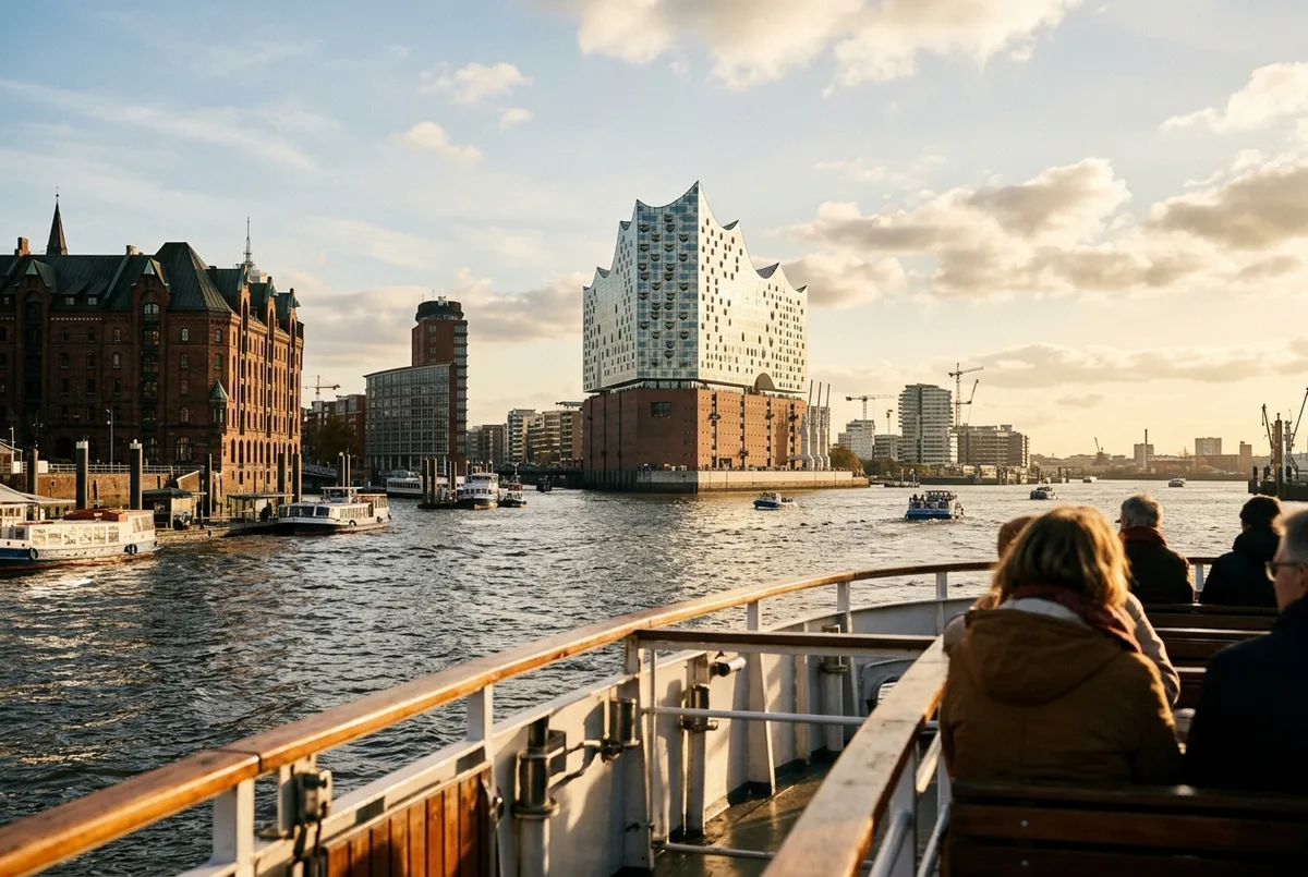 Panoramablick vom Bootsdeck auf die Glasfassade der Elbphilharmonie bei goldenem Nachmittagslicht, Speicherstadt-Dächer im Vordergrund sichtbar