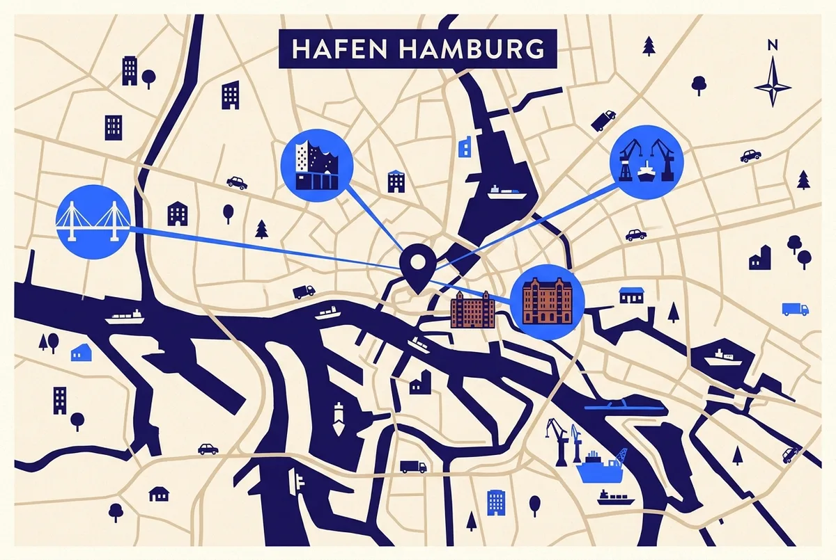Einfache Illustration einer Hamburger Hafenkarte mit vier markierten Punkten für Elbphilharmonie, Speicherstadt, Köhlbrandbrücke und Werft, generische Gebäude- und Brücken-Symbole, ohne Textbeschriftungen