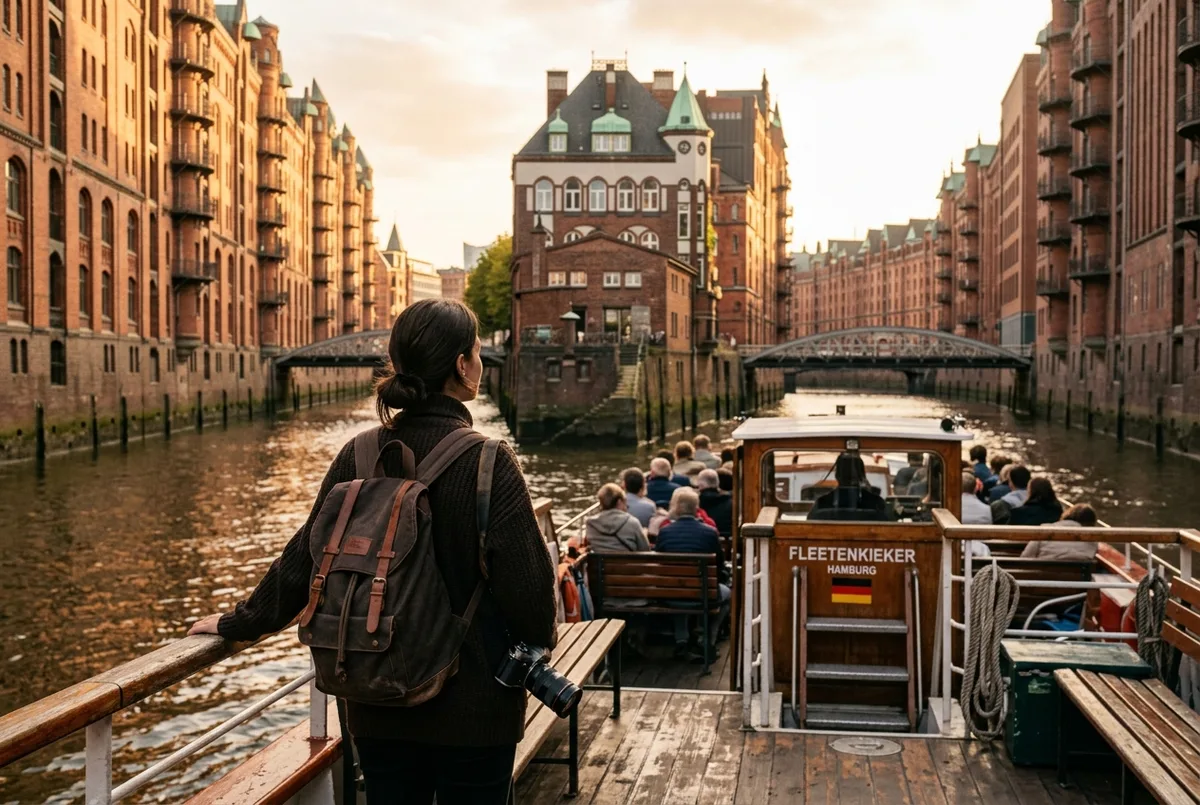 Reisende an den Landungsbrücken vergleichen die Preistafeln mehrerer Hamburg Hafenrundfahrt-Boote im warmen Morgenlicht, Entscheidungsmoment