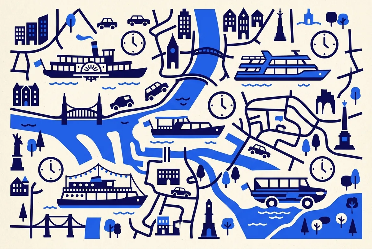 Simple infographic comparing five Hamburg harbour cruise formats, classic daytime, flexible stop, evening, themed and amphibious, with generic clock and boat icons for each, no prices shown