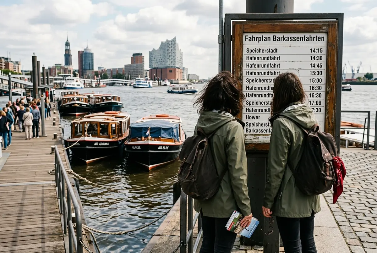 Touriste descendant d'un bateau hop on hop off sur un ponton en bois des Landungsbrücken à Hambourg, port animé en arrière-plan en fin de matinée