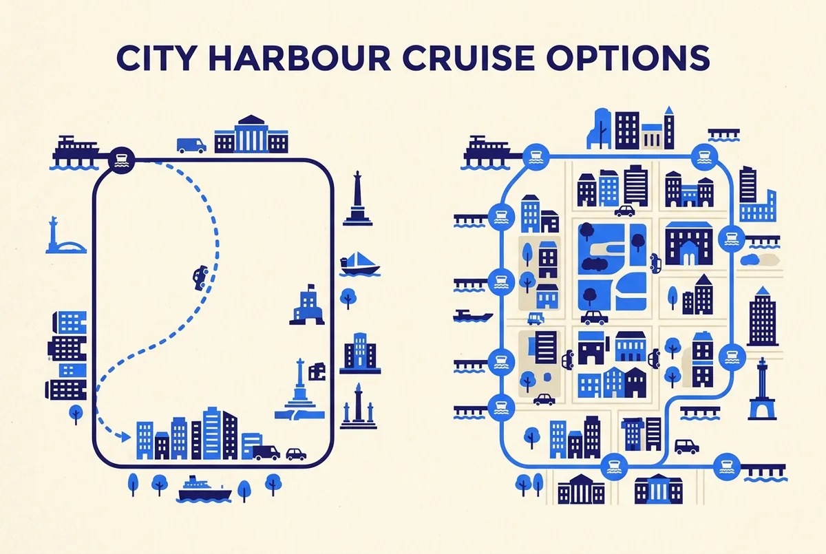 Carte stylisée illustrant les arrêts flexibles d'un bateau hop on hop off le long du port de Hambourg, pontons numérotés reliés par une ligne de trajet en boucle