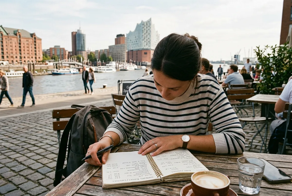 Traveler checking a travel budget notebook at an outdoor cafe table near the Hamburg waterfront, relaxed daytime mood, is hamburg expensive travel scene