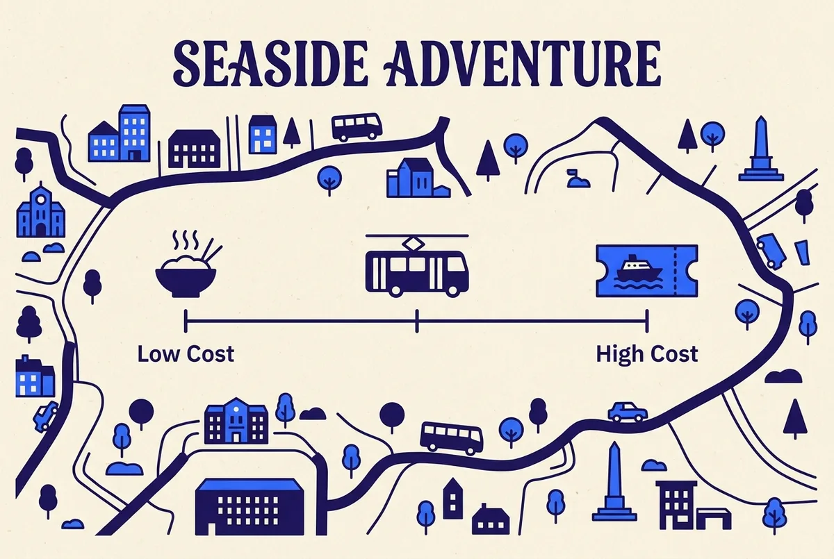 Simple infographic showing generic icons for food, transport and a harbor cruise ticket on a scale labeled low to high cost, no actual prices or currency shown