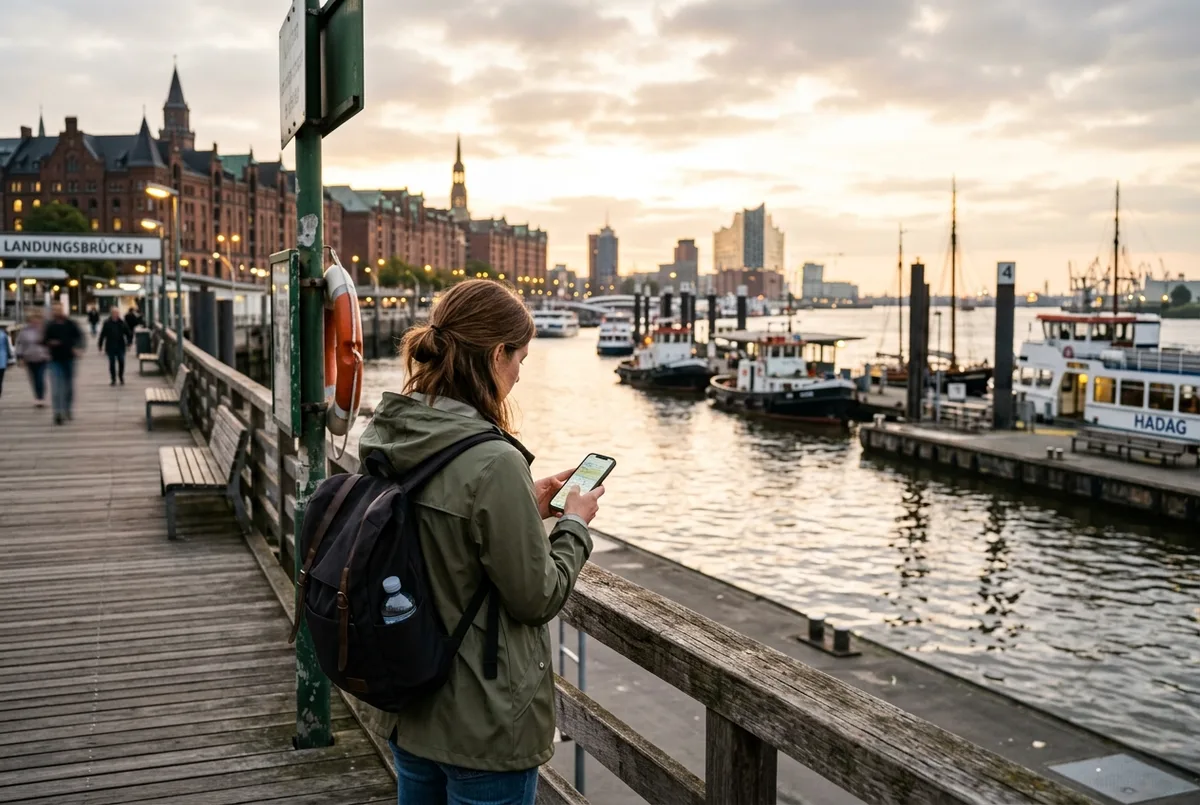 Traveler checking a phone itinerary at the Landungsbrücken pier in Hamburg early morning, harbor boats and Speicherstadt warehouses in the background