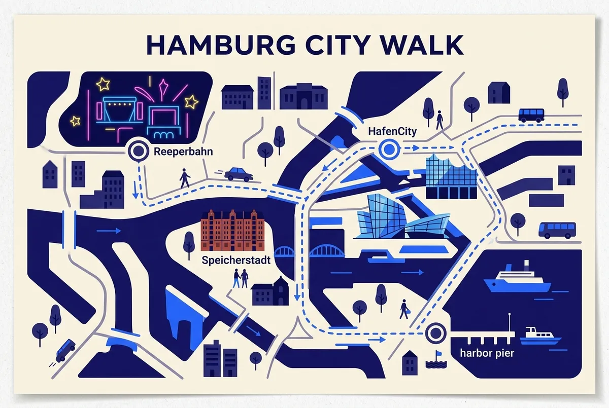 Simple hour-by-hour map infographic of a one day Hamburg itinerary showing the harbor pier, Speicherstadt, HafenCity and the Reeperbahn as labeled points with a walking route, no times or prices shown