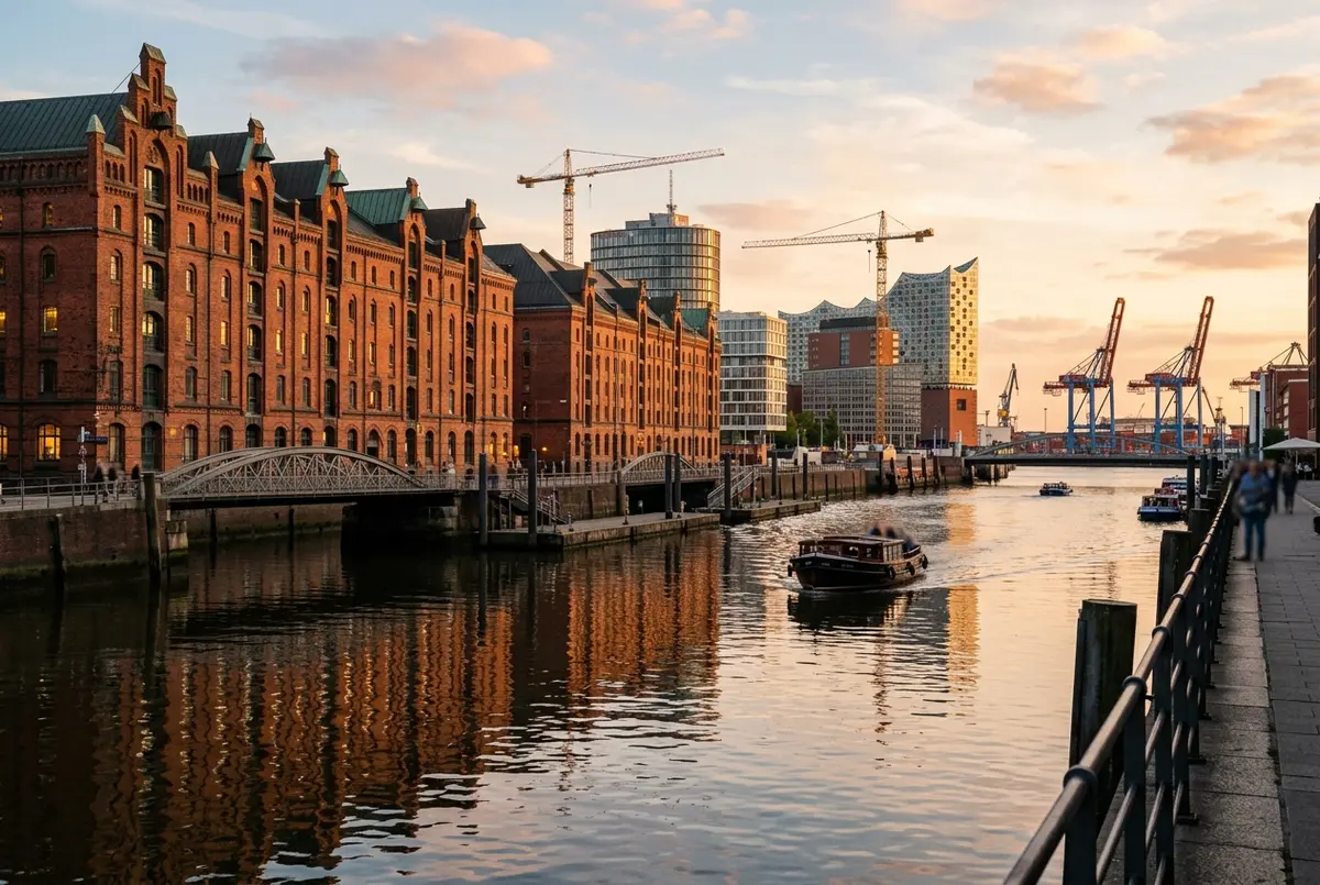 Historic red brick Speicherstadt warehouses reflected in a Hamburg port canal at golden hour, cranes and modern HafenCity towers visible behind