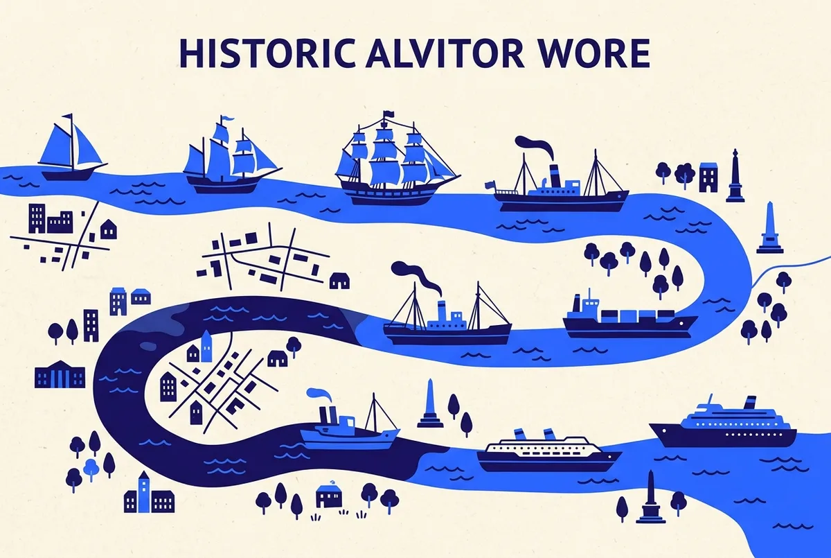 Simple historical timeline infographic showing generic ship icons and dates spanning several centuries along a river, no statistics or specific cargo figures shown