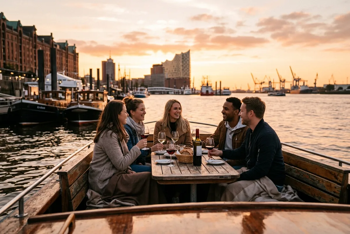 Kleine groep vrienden zit samen aan een tafel op een intieme Hamburg havenrondvaart boot bij zonsondergang, wijnglazen op de tafel, warm avondlicht