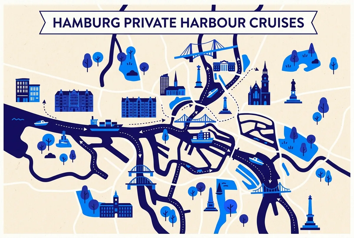 illustrated map of Hamburg highlights for Privé Hafenrundfahrt Hamburg: Exclusieve Boot Huren, hafenrundfahrt hamburg party