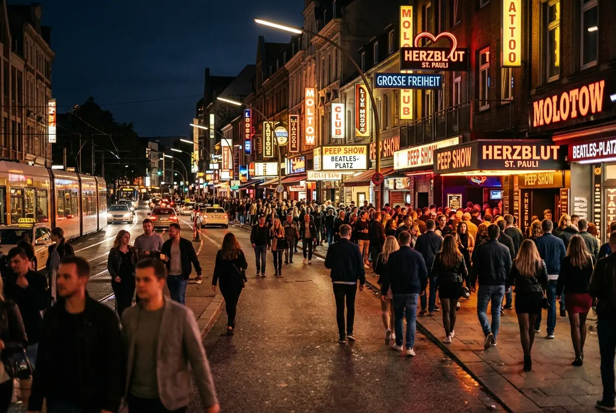 Wide shot of the illuminated Reeperbahn street in Hamburg at night with neon signage and a steady crowd of pedestrians, is reeperbahn safe nightlife scene