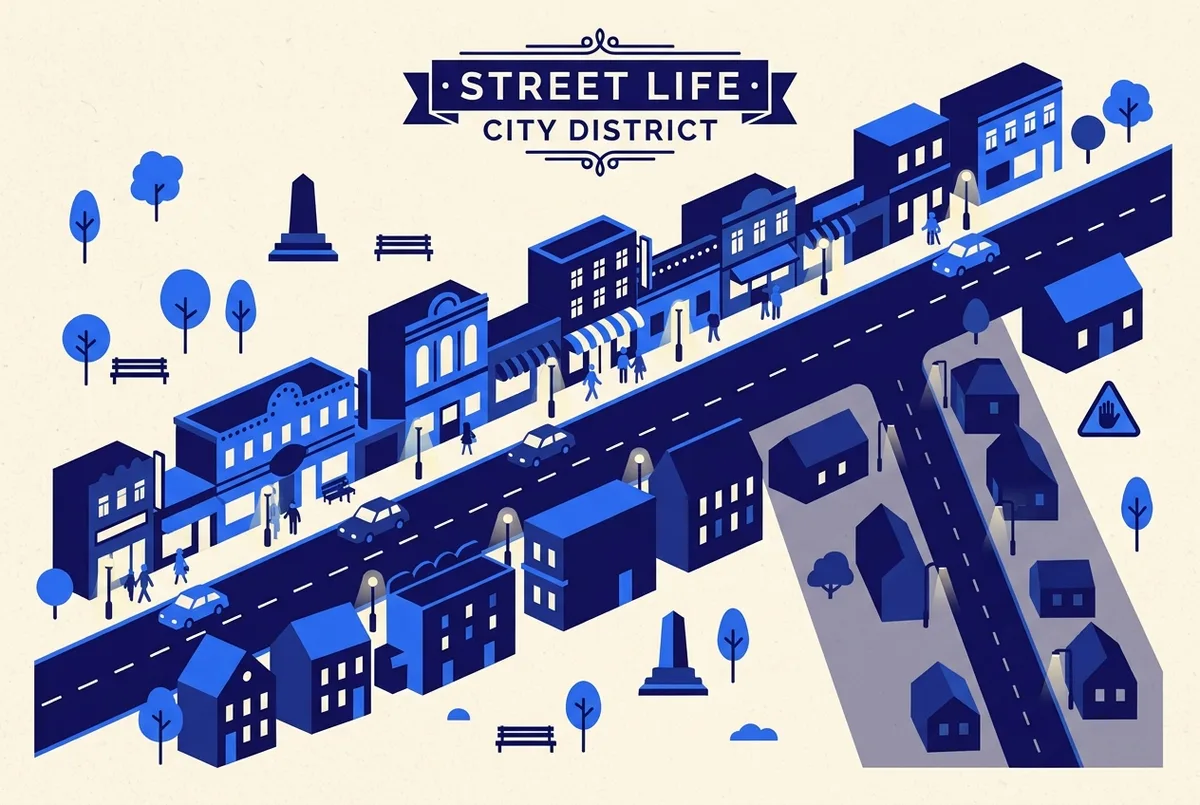 Simple street-level infographic showing a well-lit main Reeperbahn strip beside a quieter side street, generic caution icon on the side street only, no names or statistics shown