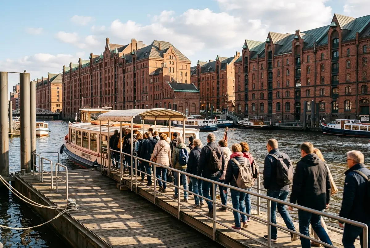 Passagers de croisière prenant des photos depuis le pont ouvert d'un bateau touristique devant les entrepôts du Speicherstadt à Hambourg en pleine journée