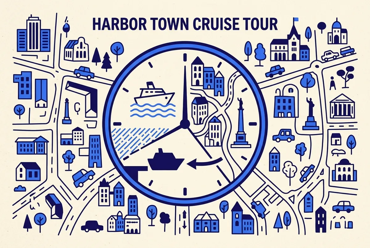 Carte illustrée reliant les trois terminaux de croisière de Hambourg au ponton de l'Überseebrücke et aux principaux sites du Speicherstadt visités pendant une courte croisière portuaire