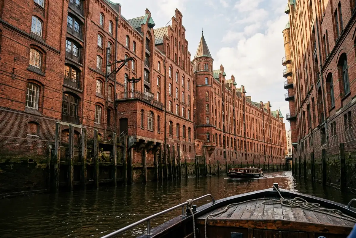 Laag camerastandpunt vanaf een bootdek op rode bakstenen Speicherstadt pakhuizen die recht uit een nauwe Hamburgse gracht oprijzen, houten palen zichtbaar bij de waterlijn, daglicht