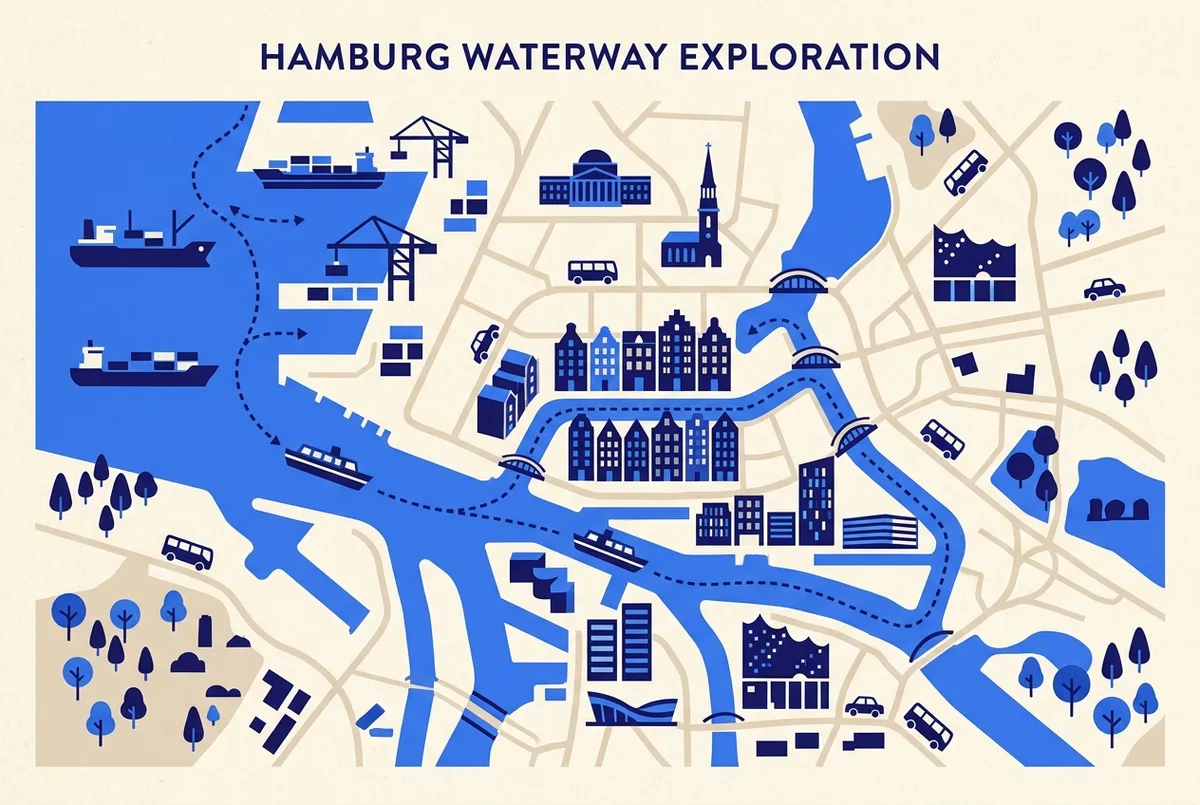 Eenvoudige kaart stijl illustratie van een Hamburg havenrondvaart route die de nauwe Speicherstadt grachten binnenvaart voordat ze langs HafenCity verder gaat, generieke waterweg en gebouwblok iconen, zonder tekstlabels