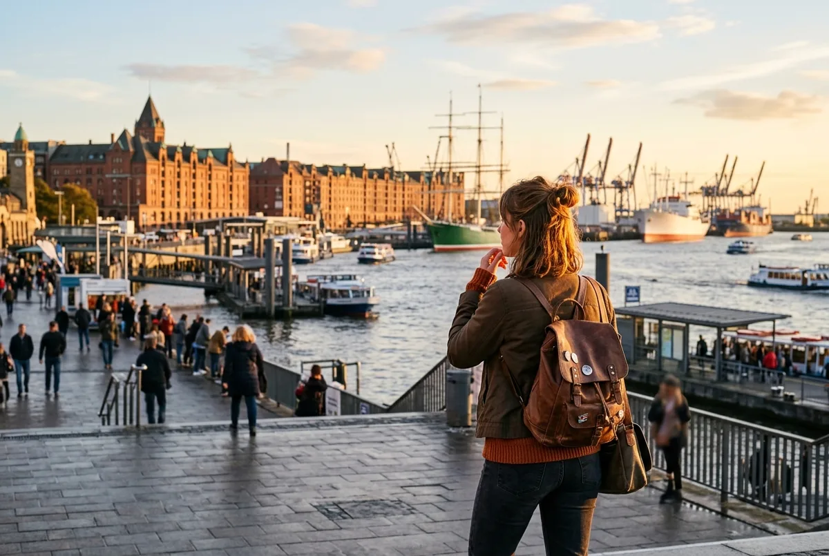 Traveler standing at the Landungsbrücken waterfront at golden hour, Speicherstadt warehouses and harbor cranes in the distance, is hamburg worth visiting travel mood