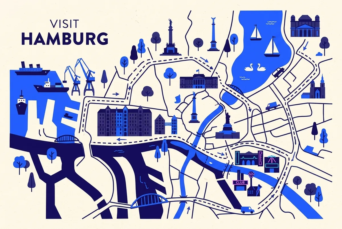 Simple map-style infographic of central Hamburg showing the harbor, Speicherstadt, the Alster lake and the Reeperbahn as generic labeled points with a walking route between them, no prices shown