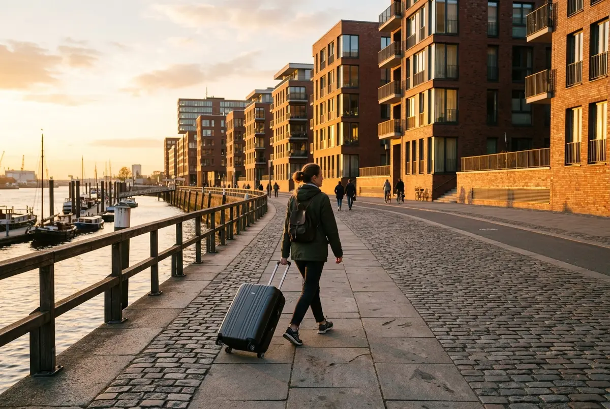 Traveler wheeling a suitcase past tidy HafenCity apartment buildings near the Hamburg waterfront at golden hour, areas to avoid in hamburg travel safety mood
