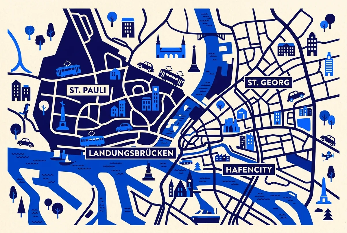 Simple map-style infographic of central Hamburg showing St. Pauli, St. Georg, Landungsbrücken and HafenCity as labeled neighbourhood zones with no times or prices shown