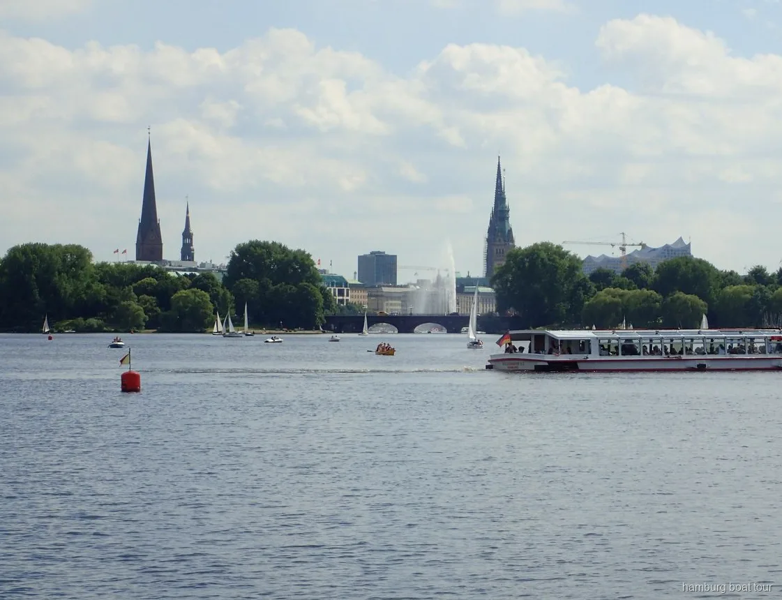 Blick auf einen versteckten Park vom Wasser bei einer Alster-Kanalfahrt
