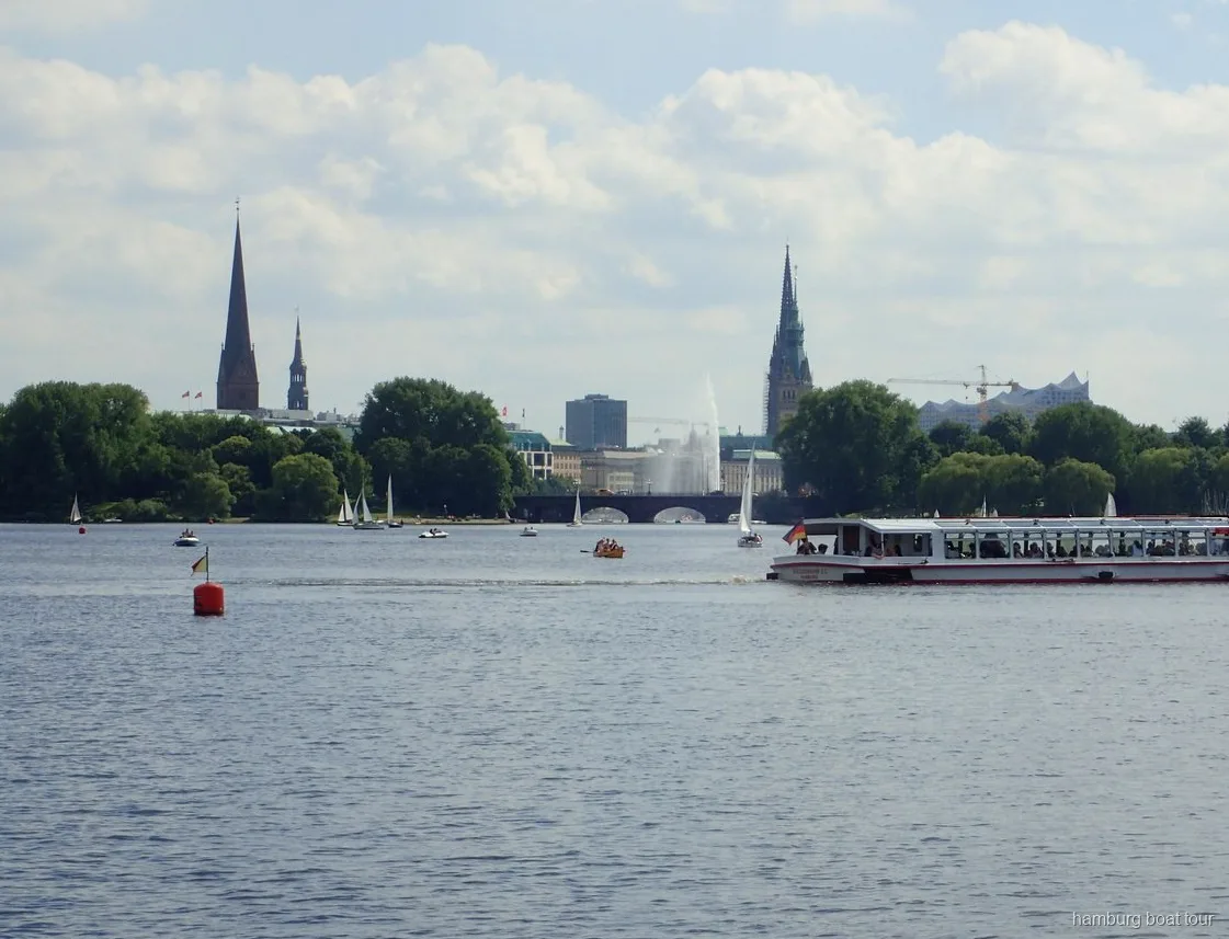 Vistes d'un parc amagat des de l'aigua en un creuer pel canal Alster de Hamburg