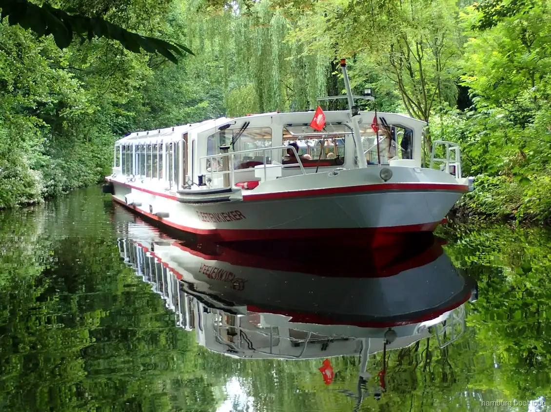 Green banks and allotment gardens on the Hamburg Alster lake canal cruise