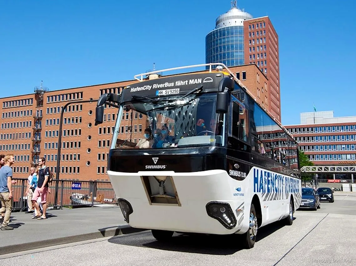 Amphibious bus entering the harbor on a Hamburg land and water tour