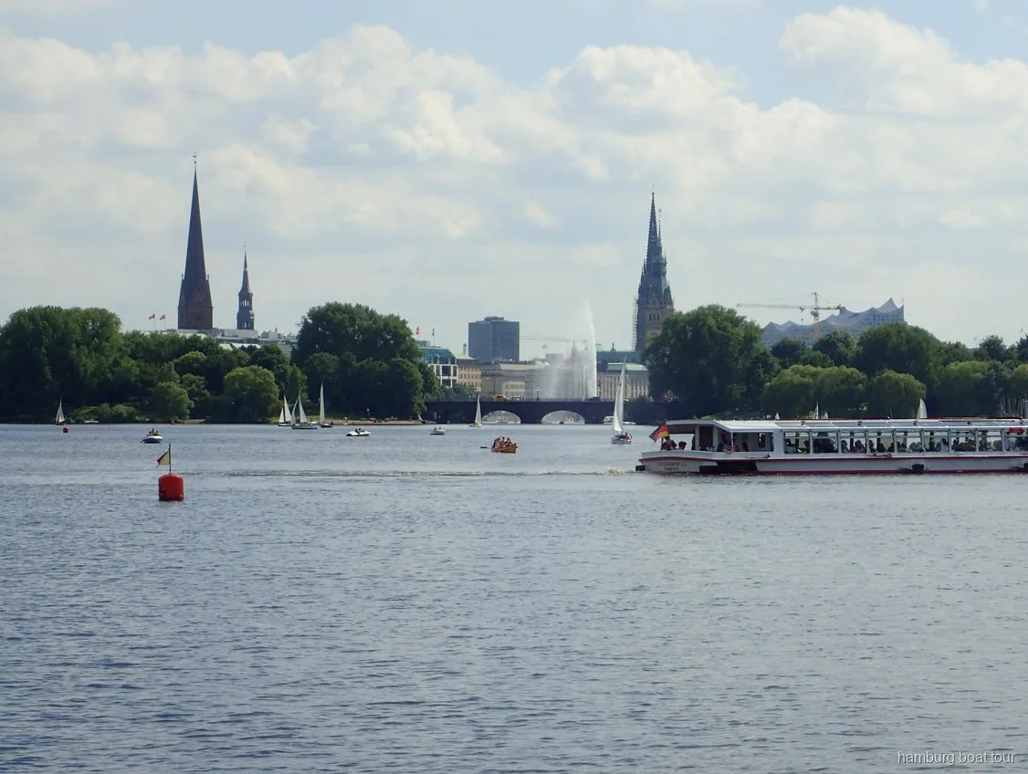 Dold park sedd från vattnet under en kanaltur på Alster i Hamburg